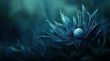 Wall Mural - blue flower in grass field under full moon