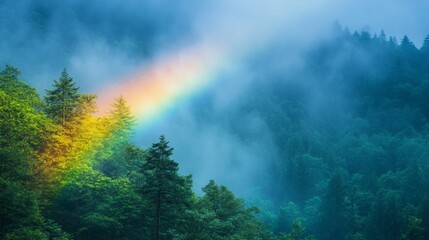 Aufkleber - A stunning rainbow arcs gracefully through a misty forest, illuminating the lush greenery and creating a magical atmosphere. The soft morning light enhances the beauty of nature's colors