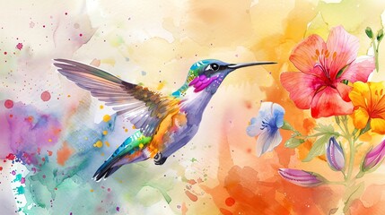 Poster - Watercolor painting of a colorful hummingbird hovering near flowers.