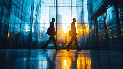Aufkleber - Two individuals in business attire are walking through a sleek glass structure as the sun sets behind the city skyline, casting elongated shadows and vibrant reflections on the floor