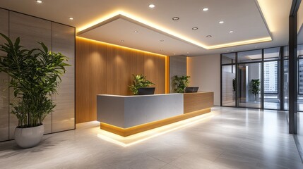 Aufkleber - Bright and inviting reception area features minimalistic decor, warm wooden accents, and lush green plants, creating a peaceful atmosphere for visitors in a contemporary office