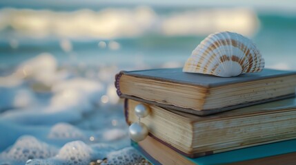 Poster - A seashell sits on top of a stack of books with the ocean and sunset in the background.