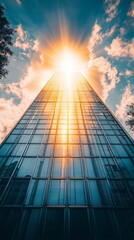 Poster - A striking view of a modern skyscraper glimmers as the sun sets, casting brilliant reflections on its glass facade while clouds drift gracefully above