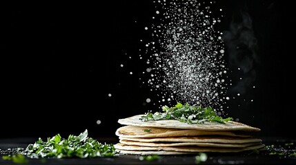 Wall Mural - a plate of flatbreads topped with fresh parsley on a dark background