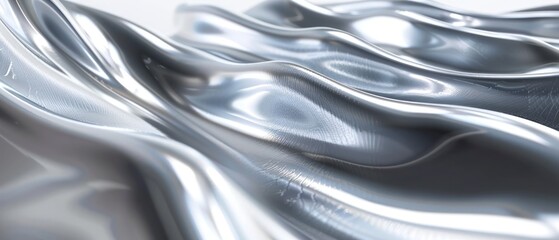 Fototapete - Silver flow liquid ripple curve smooth abstract backgrounds glowing glossy reflection metallic chrome waves 3D render.