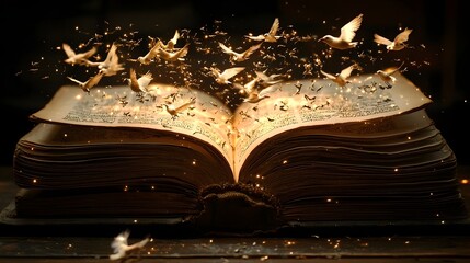 Poster - Open Book Releasing Glowing Birds of Light Symbolizing Knowledge and Freedom