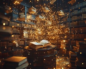 Poster - Floating Books in Magical Library with Glowing Words Connecting Knowledge