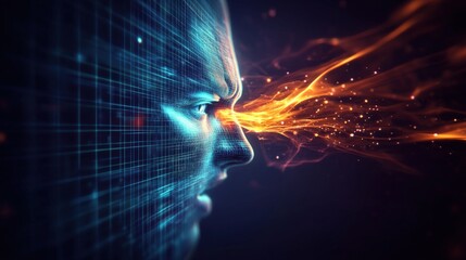 Poster - Innovative visualization of human consciousness digital realm abstract artwork futuristic environment side profile view mind exploration