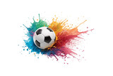 A soccer ball hovers over an abstract explosion of multicolored paint splashes, with droplets scattered in all directions, symbolizing movement and creativity, isolated on a transparent background