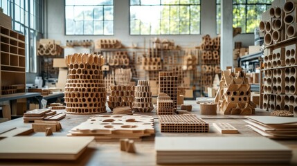 Poster - Workshop filled with intricately designed wooden models and shapes, showcasing craftsmanship and creativity