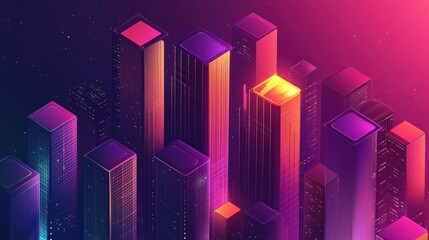 Poster - Vibrant city skyline at dusk with illuminated buildings and a colorful gradient sky