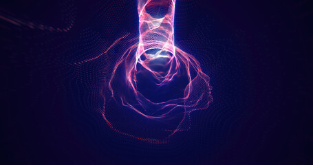 Poster - Abstract tunnel of glowing purple dots forming a vortex-like design, futuristic digital visualization in a dark background