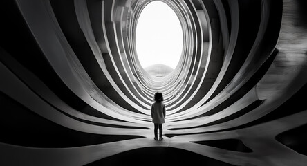 Aufkleber - A small child stands silhouetted in a dark, curved tunnel.  The tunnel walls create a layered, abstract perspective leading to a bright oval opening in the distance.