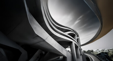 Aufkleber - A low angle view showcases a modern architectural structure with curved lines reaching towards the sky, rendered in grayscale with strong contrast between light and shadow.