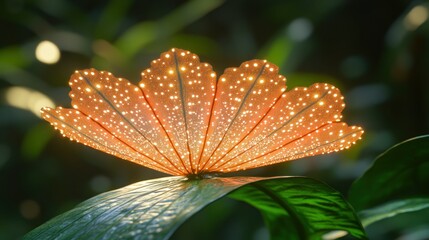 Wall Mural - Glowing bioluminescent leaf in dark forest