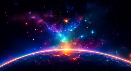Poster - A vibrant nebula and stars burst in a dark space sky above a planet's glowing horizon. Colorful cosmic scene with bright lights and deep shadows.