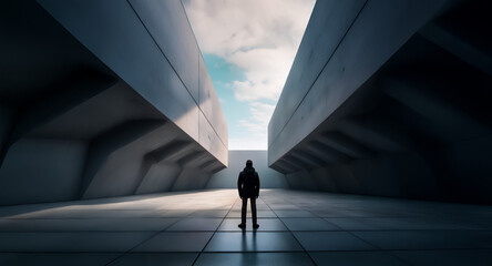 Fototapete - Lone figure stands in concrete structures, gazing at open sky. Modern architecture conveys vastness, isolation. Minimalist scene. Perspective directs to sky.