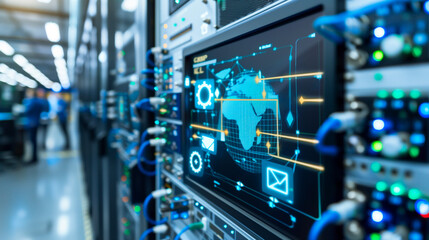 Poster - Digital Command Center: A detailed view of a server room's intricate workings, with a screen displaying global data streams and interconnected technological elements.