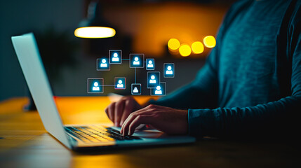 Poster - Networking in the Digital Age: A person is working on a laptop, with connection icons on the screen, symbolizing global network. Perfect for illustrating the digital revolution, connectivity.