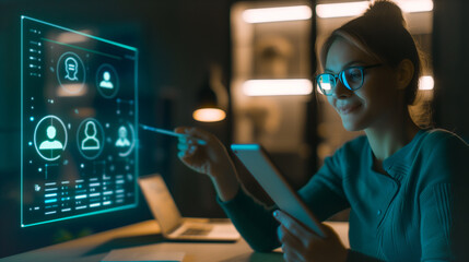 Poster - Tech Savvy Executive: A woman works on a project, seamlessly merging technology with talent and communication. She uses multiple screens.