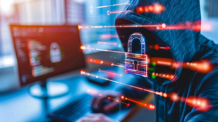 Poster - Cybersecurity Breach: A hooded figure engrossed in hacking activities, a padlock overlay signaling a digital security threat, a keyboard in the foreground suggesting clandestine online activity.
