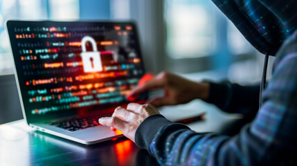 Poster - Cyber Intrusion: A hooded figure intently focused on a laptop screen displaying lines of computer code and a prominent padlock icon, creating a sense of digital threat.