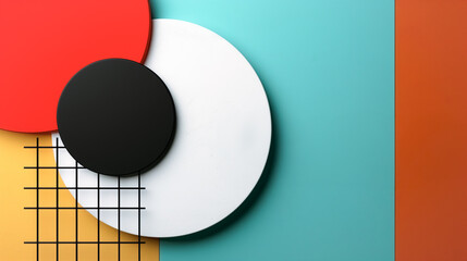 Poster - Abstract Geometric Shapes: A dynamic composition of abstract geometric shapes in bold colors create a visually striking display. The interplay of circles, a grid.