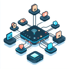 Poster - Digital Hub Illustration: A vibrant illustration depicts a central digital hub connecting various icons representing cloud computing, network, and data.