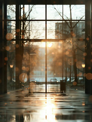 Poster - Entrance to Modern Business: A sunlit glass facade offers a glimpse into a bustling business center. Reflective surfaces enhance the architectural beauty.