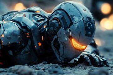 Poster - Futuristic robot lying on the ground in a desolate setting during twilight with glowing features