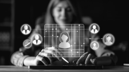 Poster - Digital Connections: A woman is engrossed in a digital interface, visualizing a network of human connections, illustrating the modern world of technology and interpersonal links. 