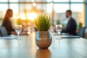 Poster - Meeting at a modern office during sunset with greenery in focus and two professionals engaged in discussion