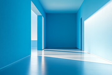 Poster - Bright blue interior space with geometric lines and natural light illuminating the walls and floor
