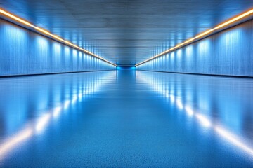 Poster - Bright blue corridor with reflections and ambient lighting creating a tranquil atmosphere in a modern urban setting