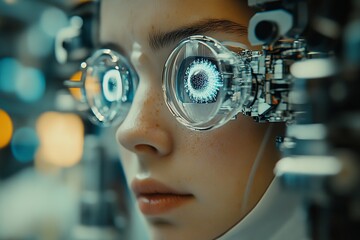 Poster - Young individual with futuristic eyeglasses in a high-tech environment during a bright, innovative moment