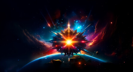 Poster - A luminous cosmic entity radiates light above a planet, set against a backdrop of dark space filled with nebula and stars, creating a vibrant celestial scene.