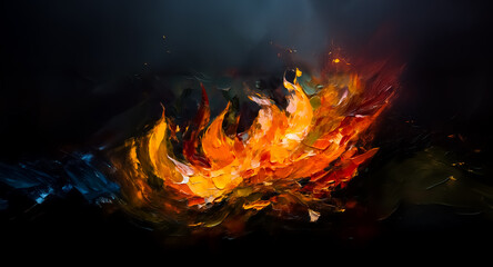 Fototapete - Dynamic abstract art depicting fire with expressive brushstrokes. Vivid oranges, yellows, and reds burst against a dark backdrop, conveying heat and energy.