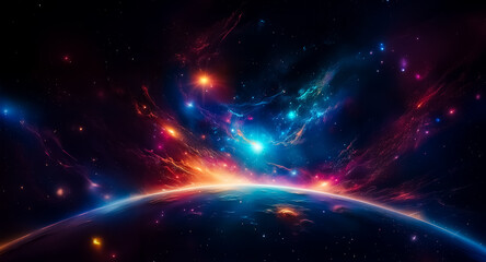 Poster - Vibrant cosmic scene with a glowing planet and colorful nebula against a dark space. Ethereal, dreamy atmosphere with stunning celestial beauty.