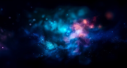 Leinwandbilder - Vibrant cosmic nebula in shades of blue and purple, with hints of orange, creating an ethereal and dreamy abstract space scene with blurred lights.