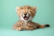 © Odin AI - Cheetah cub joyfully laughing with its mouth open against a soft turquoise background