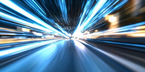 Poster - Fast futuristic motion blur of light streaks in tunnel; Technology concept use