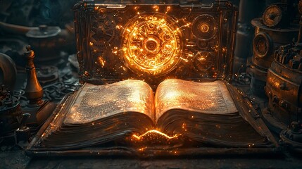 Poster - Steampunk Inspired Mechanical Open Book with Glowing Gears and Flipping Pages