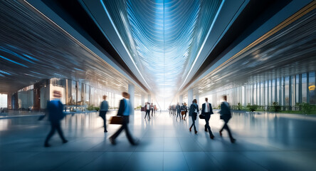 Poster - Modern interior with blurred figures walking through a spacious hallway. The building's design features a long perspective, creating a sense of depth and motion as people move within the futuristic sp