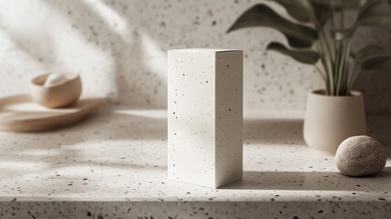 Poster - A sophisticated arrangement featuring a textured white block standing tall on a speckled surface, accompanied by a soft plant and a smooth stone. The atmosphere radiates calmness