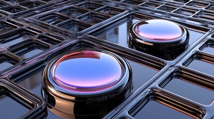 Poster - Abstract metallic grid with reflective spheres.