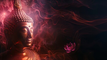 Wall Mural - A golden Buddha statue with a pink lotus flower and red smoke in the background.