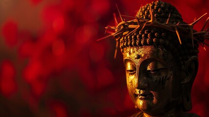 Wall Mural - A close-up of a golden Buddha statue with a crown of thorns, bathed in warm light against a red background.