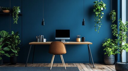 Poster - A well-designed workspace showcases a clean desk with a computer, pens, and decorative items. Lush green plants add life to the calming blue walls, enhancing productivity and relaxation
