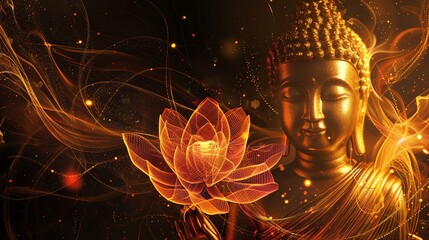 Wall Mural - A golden Buddha statue with a glowing lotus flower and abstract lines and lights in the background.