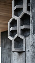 Poster - A unique concrete structure with hexagonal shelves stands against a modern architectural backdrop. The play of textures highlights contemporary design elements during daylight